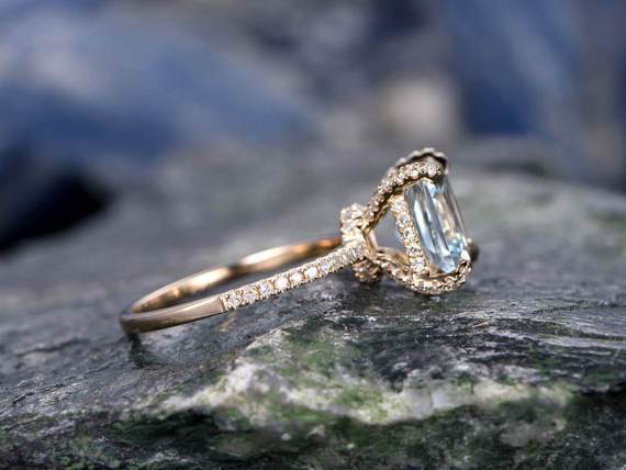 1.5 Carat Huge Princess Cut Aquamarine and Diamond Engagement Ring in Rose Gold
