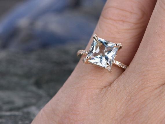 1.5 Carat Huge Princess Cut Aquamarine and Diamond Engagement Ring in Rose Gold