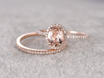 2 Carat Oval Cut Morganite and Diamond Halo Wedding Ring Set in Rose Gold