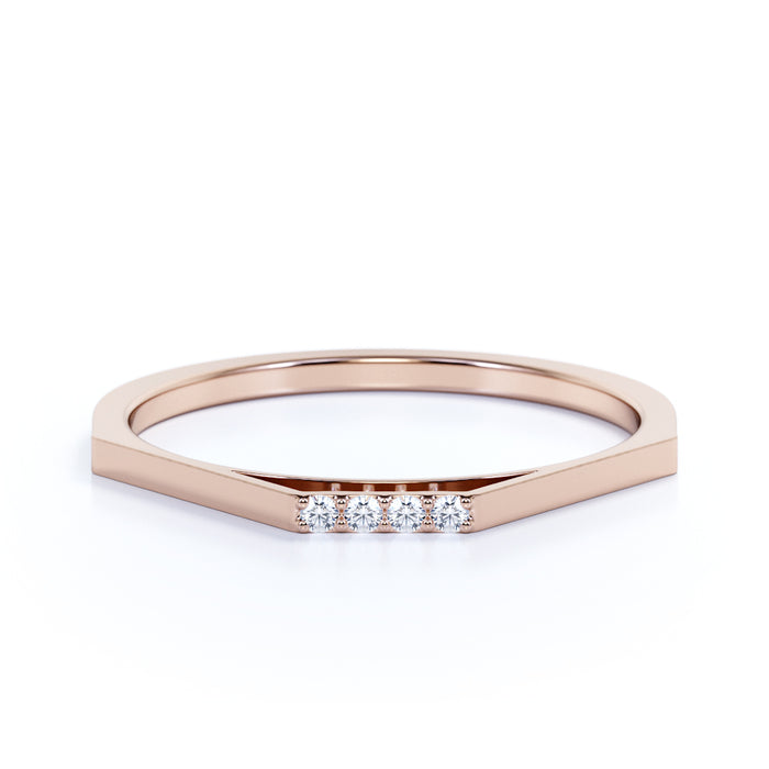 Minimalist 4 Stone Pavé Set Round Diamonds Stackable Wedding Ring in Rose Gold