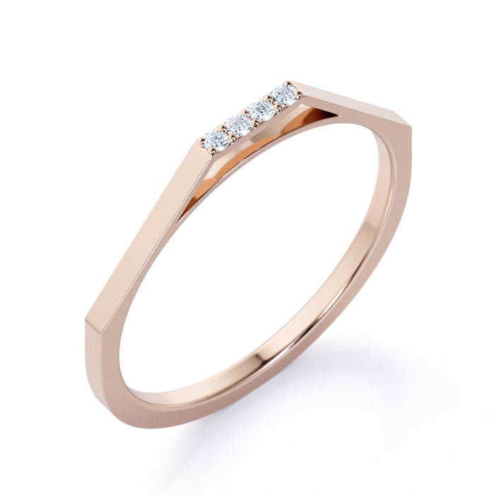 Minimalist 4 Stone Pavé Set Round Diamonds Stackable Wedding Ring in Rose Gold