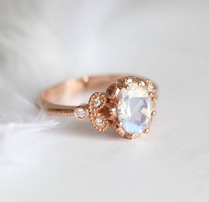 Antique Milgrain 1.10 Carat Oval Cut Rainbow Moonstone and Diamond Engagement Ring in Rose Gold