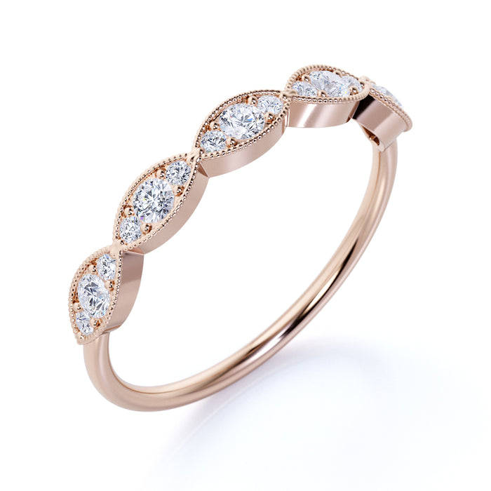 Delicate Milgrain Stacking Ring with Round Diamonds in Rose Gold
