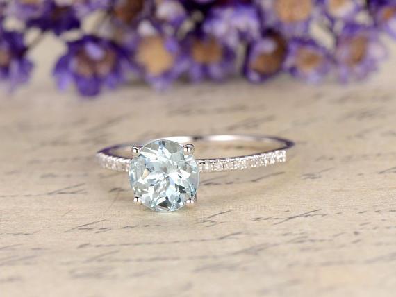 Stunning 1.25 Carat Round cut Aquamarine and Diamond Engagement Ring in Rose Gold