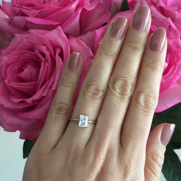 Final Sale: Radiant 1 Carat Emerald Cut Solitaire Engagement Ring in White Gold over Sterling Silver