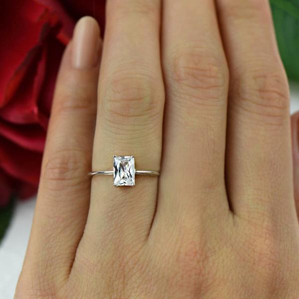 Final Sale: Radiant 1 Carat Emerald Cut Solitaire Engagement Ring in White Gold over Sterling Silver