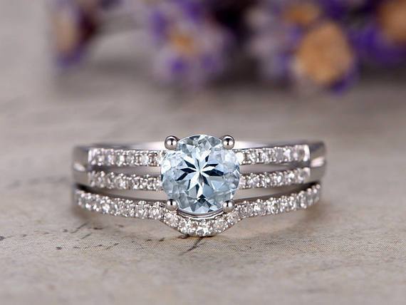 Two Row 1.50 Carat Round Cut Aquamarine and Diamond Wedding Set in White Gold