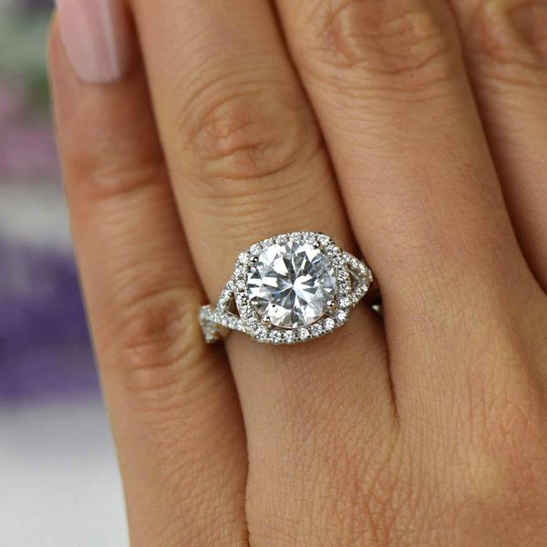 Final Sale: 3.25 Carat Round Cut Twisted Round Halo Engagement Ring in White Gold over Sterling Silver