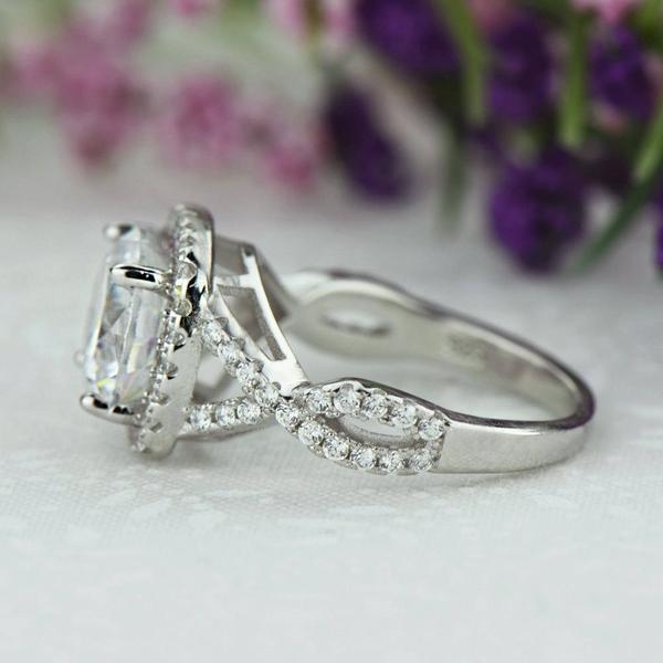 Final Sale: 3.25 Carat Round Cut Twisted Round Halo Engagement Ring in White Gold over Sterling Silver