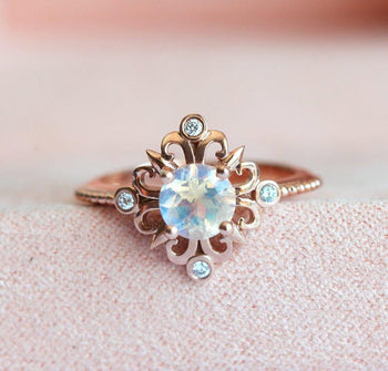 Five Stone 1.50 Carat Round Cut Rainbow Moonstone and Diamond Antique Engagement Ring in Rose Gold