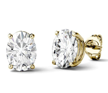 4 Prong 2 Carat Oval Cut Moissanite Solitaire Stud Earrings in Yellow Gold