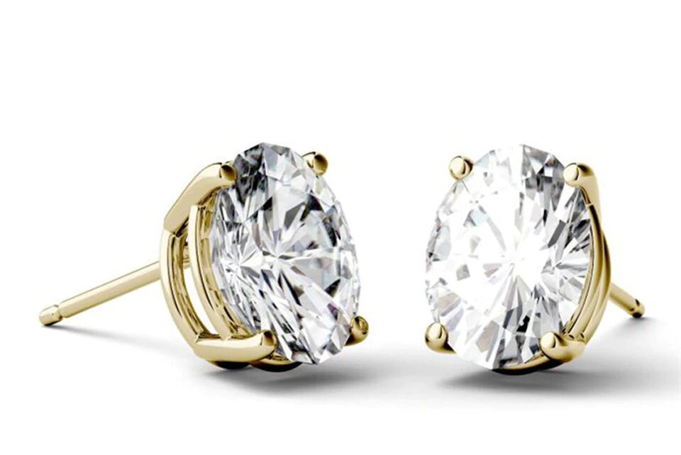 4 Prong 2 Carat Oval Cut Moissanite Solitaire Stud Earrings in Yellow Gold