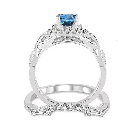 1.50 Carat Princess Cut Aquamarine and Diamond Bridal Ring Set for her in White Gold