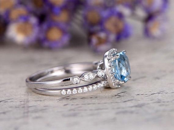 Antique 2 Carat Princess Cut Aquamarine and Diamond Wedding Ring Set in White Gold