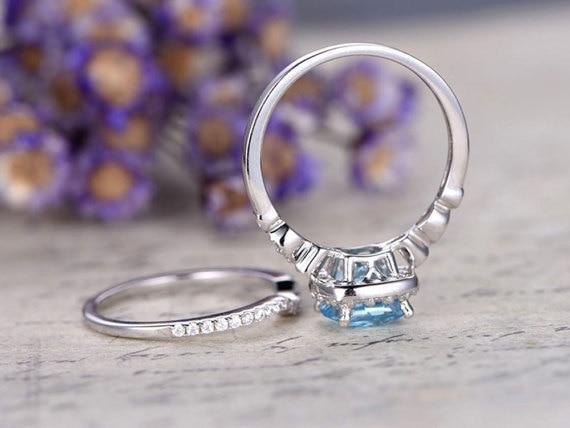 Antique 2 Carat Princess Cut Aquamarine and Diamond Wedding Ring Set in White Gold