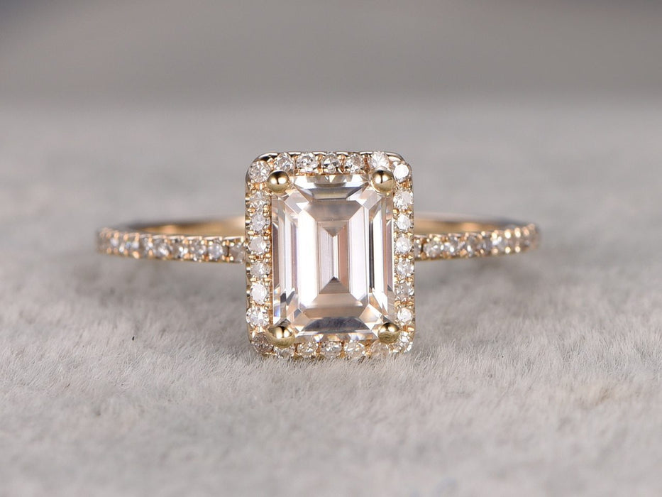 1.25 Carat Emerald Cut Moissanite and Diamond Wedding Ring in Yellow Gold