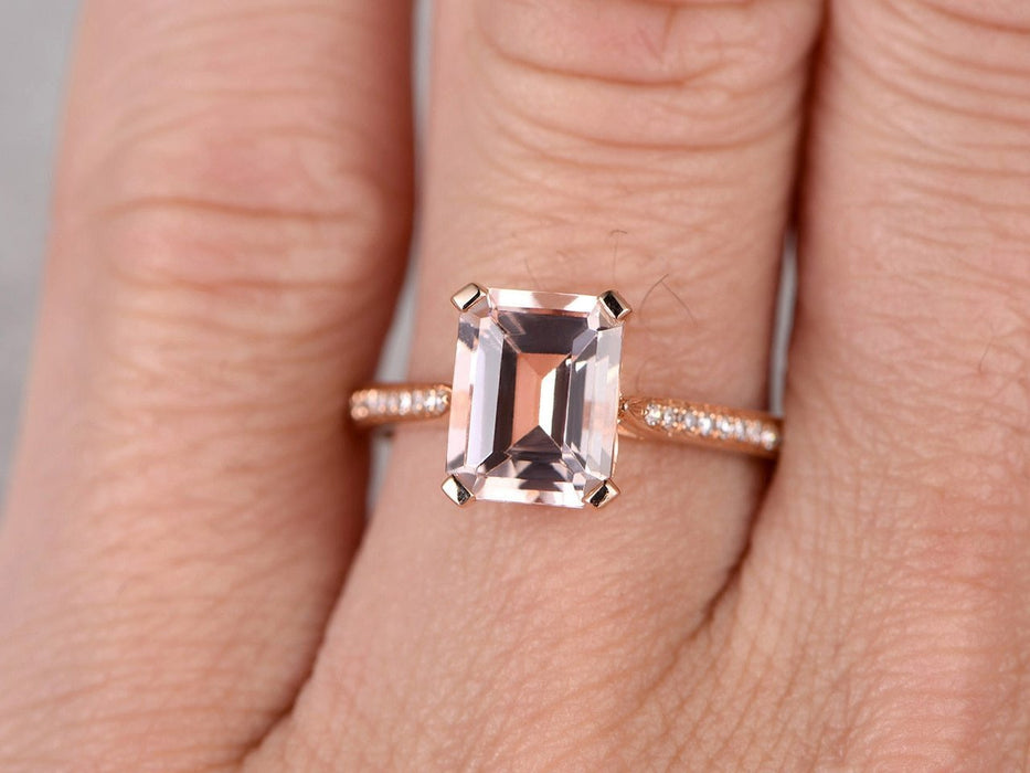Unique 1.25 Carat Emerald Cut Morganite and Diamond Engagement Ring in Rose Gold
