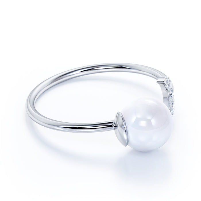 Sun and Moon Stackable Ring with a Natural Pearl and Diamonds in White Gold