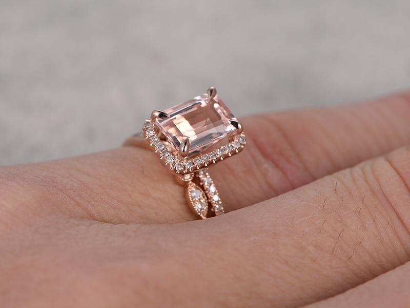 Huge 3 Carat Emerald Cut Morganite and Diamond Wedding Ring Set in Rose Gold
