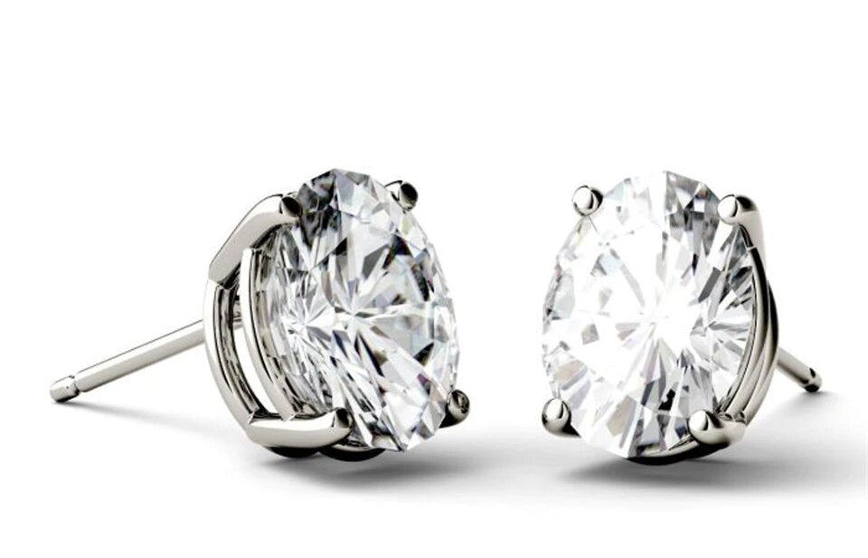 4 Prong 2 Carat Oval Cut Moissanite Solitaire Stud Earrings in White Gold