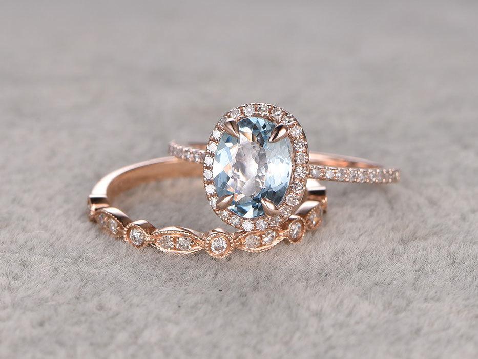 Bestselling 2 Carat Oval Cut Aquamarine and Diamond Wedding Ring Set with Art Deco Band in Rose Gold