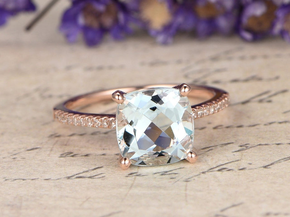 1.25 Cara Cushion Cut Aquamarine and Diamond Wedding Ring in Rose Gold