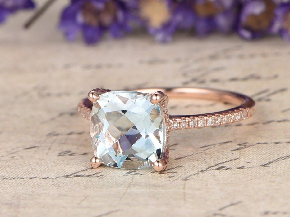 1.25 Cara Cushion Cut Aquamarine and Diamond Wedding Ring in Rose Gold