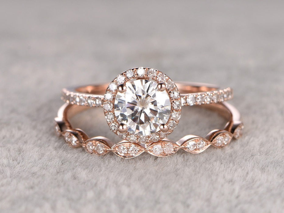1.50 Carat Round Cut Moissanite and Diamond Wedding Ring Set in Rose G ...