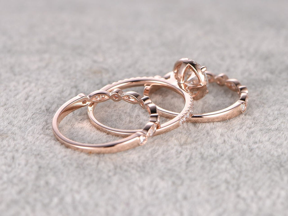 2 Carat Round Cut Moissanite and Diamond Wedding Trio Ring Set in 9k Rose Gold