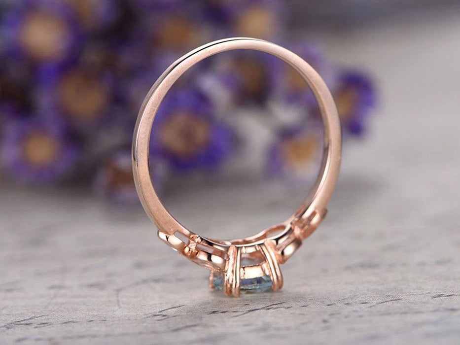 Classic Leaf Design 1.25 Carat Aquamarine and Diamond Wedding Ring in Rose Gold