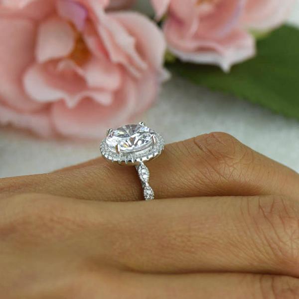 Final Sale: 4 Carat Round Cut Art Deco Halo Engagement Ring in White Gold Over Sterling Silver