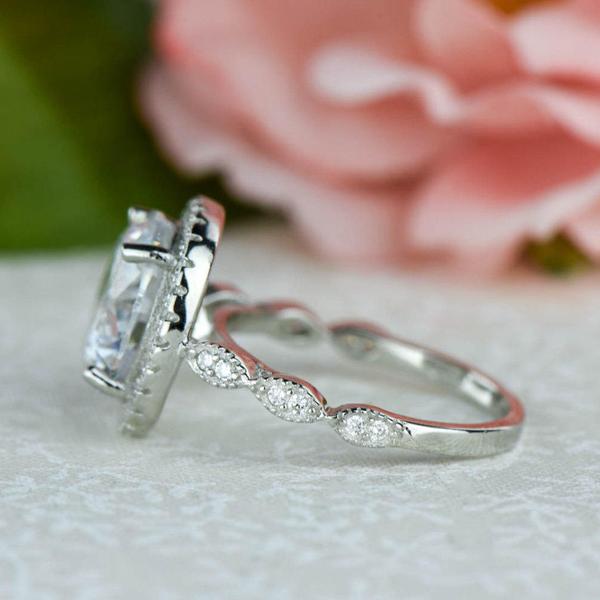 Final Sale: 4 Carat Round Cut Art Deco Halo Engagement Ring in White Gold Over Sterling Silver