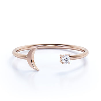 Moon and Star Stacking Mini Wedding Ring Band with a Brilliant Round Diamond in Rose Gold