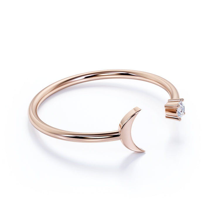 Moon and Star Stacking Mini Wedding Ring Band with a Brilliant Round Diamond in Rose Gold