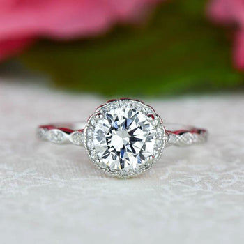 1.5 Carat Round Cut Scalloped Halo Engagement Ring in White Gold Over Sterling Silver