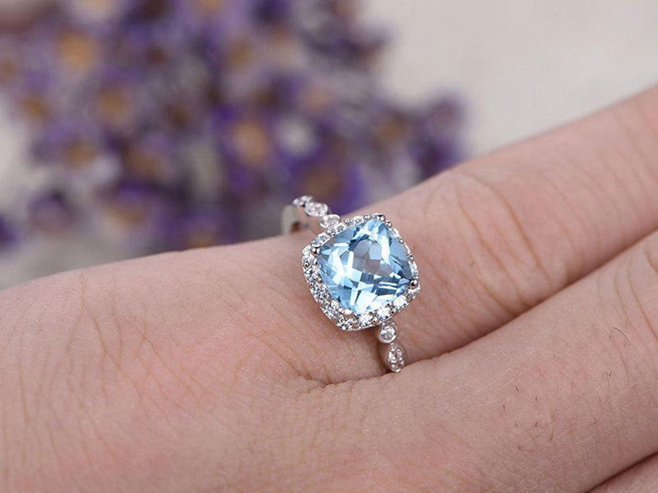 Unique 1.50 Carat Princess Cut Aquamarine and Diamond Halo Art Deco Wedding Ring in White Gold