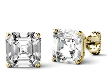 4 Prong 2 Carat Asscher Cut Moissanite Solitaire Stud Earrings in Yellow Gold