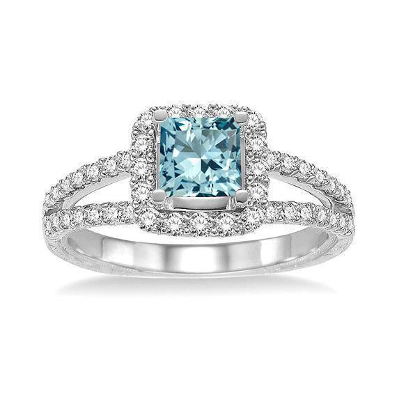 1.50 Carat princess cut Aquamarine and Diamond branch design Engagement Ring in White Gold