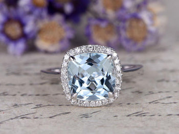 2.50 Carat Huge Cushion Cut Aquamarine and Diamond Halo Engagement Ring in White Gold