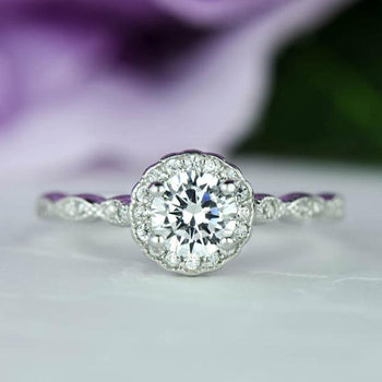 1 Carat Round Cut Scalloped Halo Engagement Ring in White Gold Over Sterling Silver
