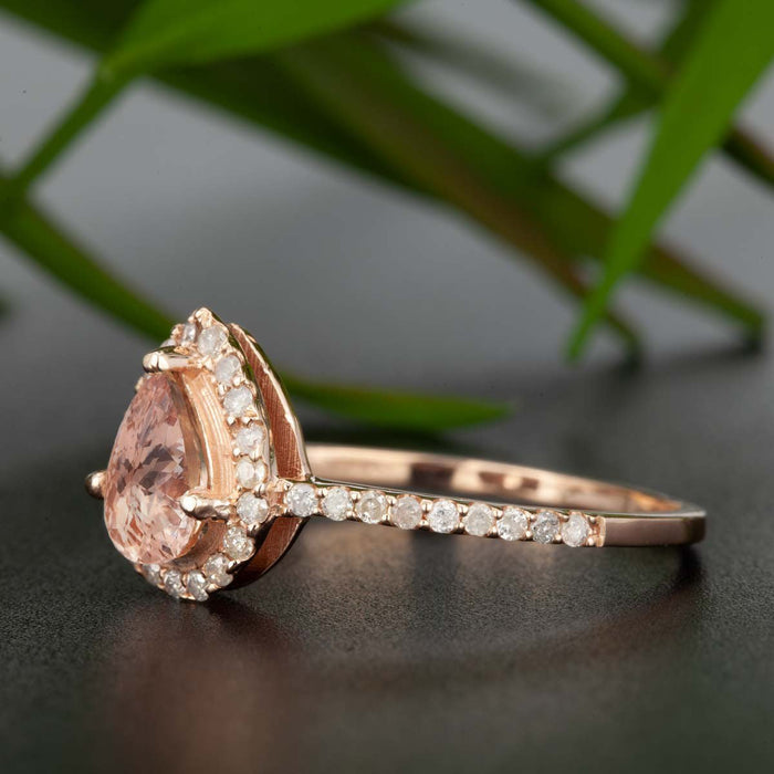 Vintage 1.25 Carat Pear Cut Peach Morganite and Diamond Engagement Ring in Rose Gold Affordable Ring