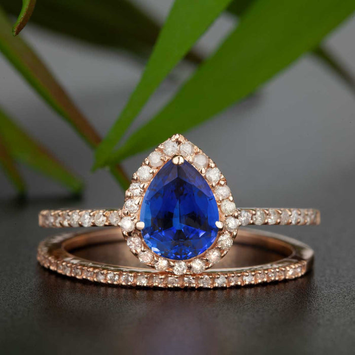 1.50 Carat Pear Cut Sapphire and Diamond Wedding Ring Set in Rose Gold for Modern Brides