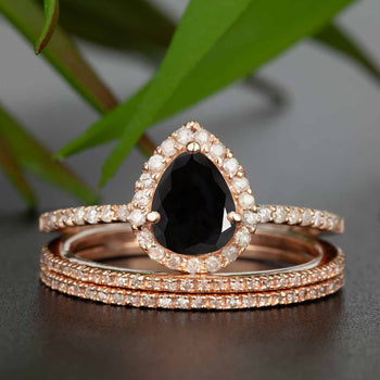 2 Carat Pear Cut Black Diamond and Diamond Trio Wedding Ring Set in Rose Gold for Modern Brides