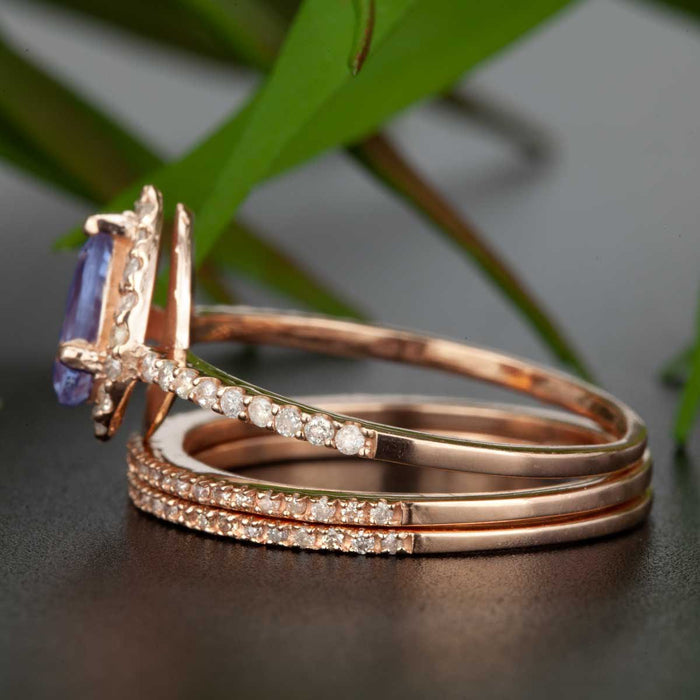 2 Carat Pear Cut Sapphire and Diamond Trio Wedding Ring Set in Rose Gold for Modern Brides