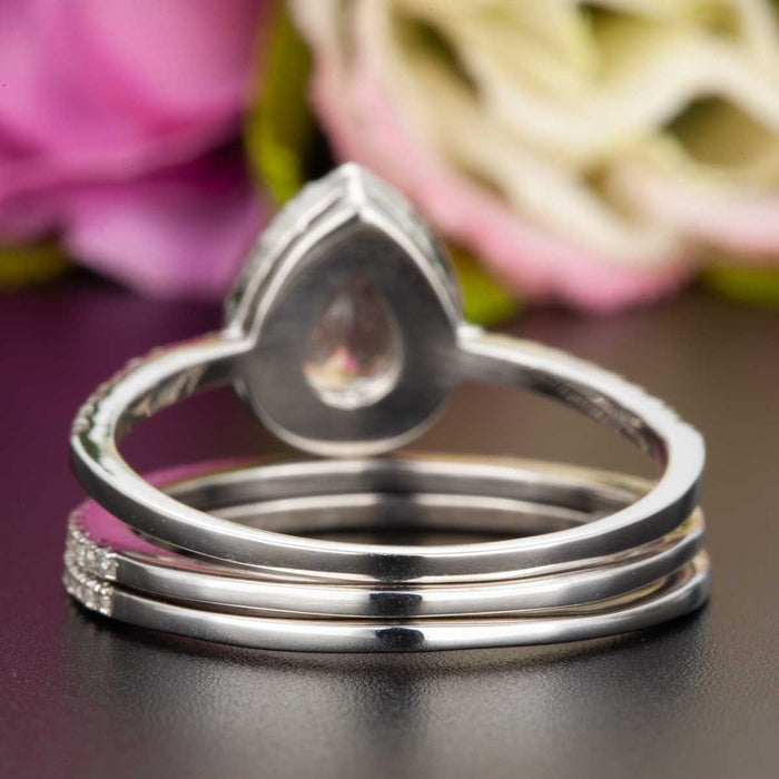 2 Carat Pear Cut Black Diamond and Diamond Trio Wedding Ring Set in White Gold for Modern Brides