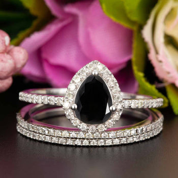 2 Carat Pear Cut Black Diamond and Diamond Trio Wedding Ring Set in White Gold for Modern Brides