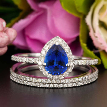 2 Carat Pear Cut Sapphire and Diamond Trio Wedding Ring Set in White Gold for Modern Brides