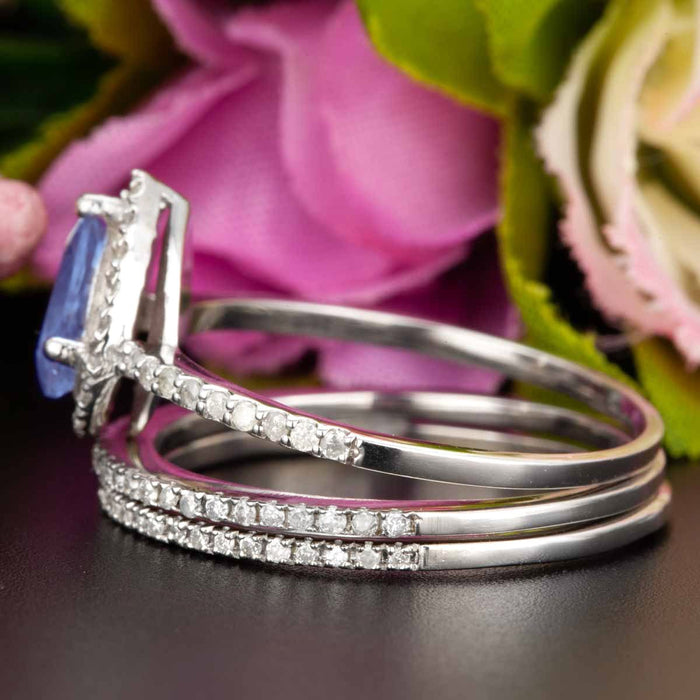 2 Carat Pear Cut Sapphire and Diamond Trio Wedding Ring Set in White Gold for Modern Brides