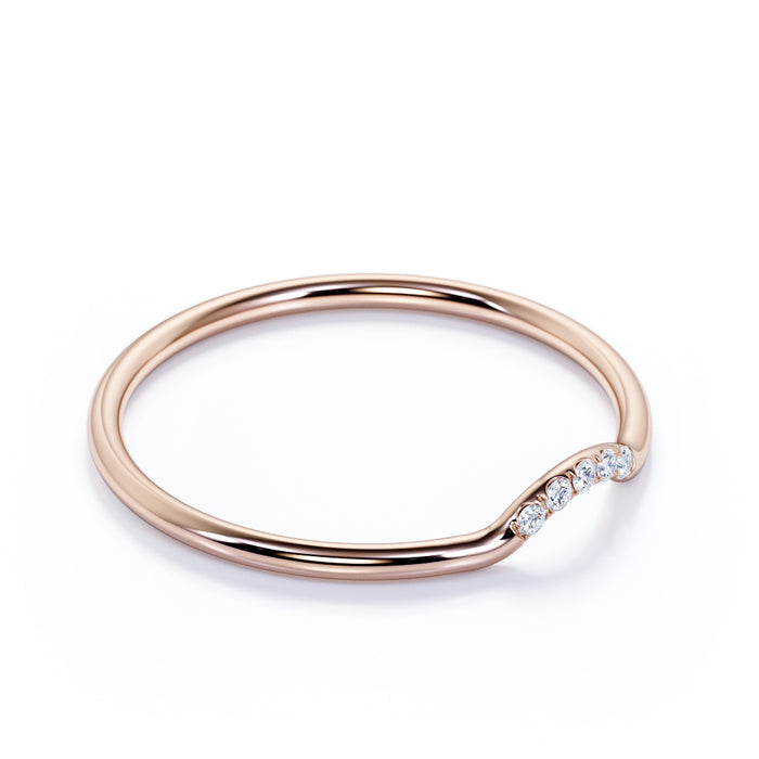 Curved  Mini Stacking Wedding Ring Band with Round Shape Diamonds in Rose Gold