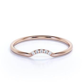 Curved  Mini Stacking Wedding Ring Band with Round Shape Diamonds in Rose Gold